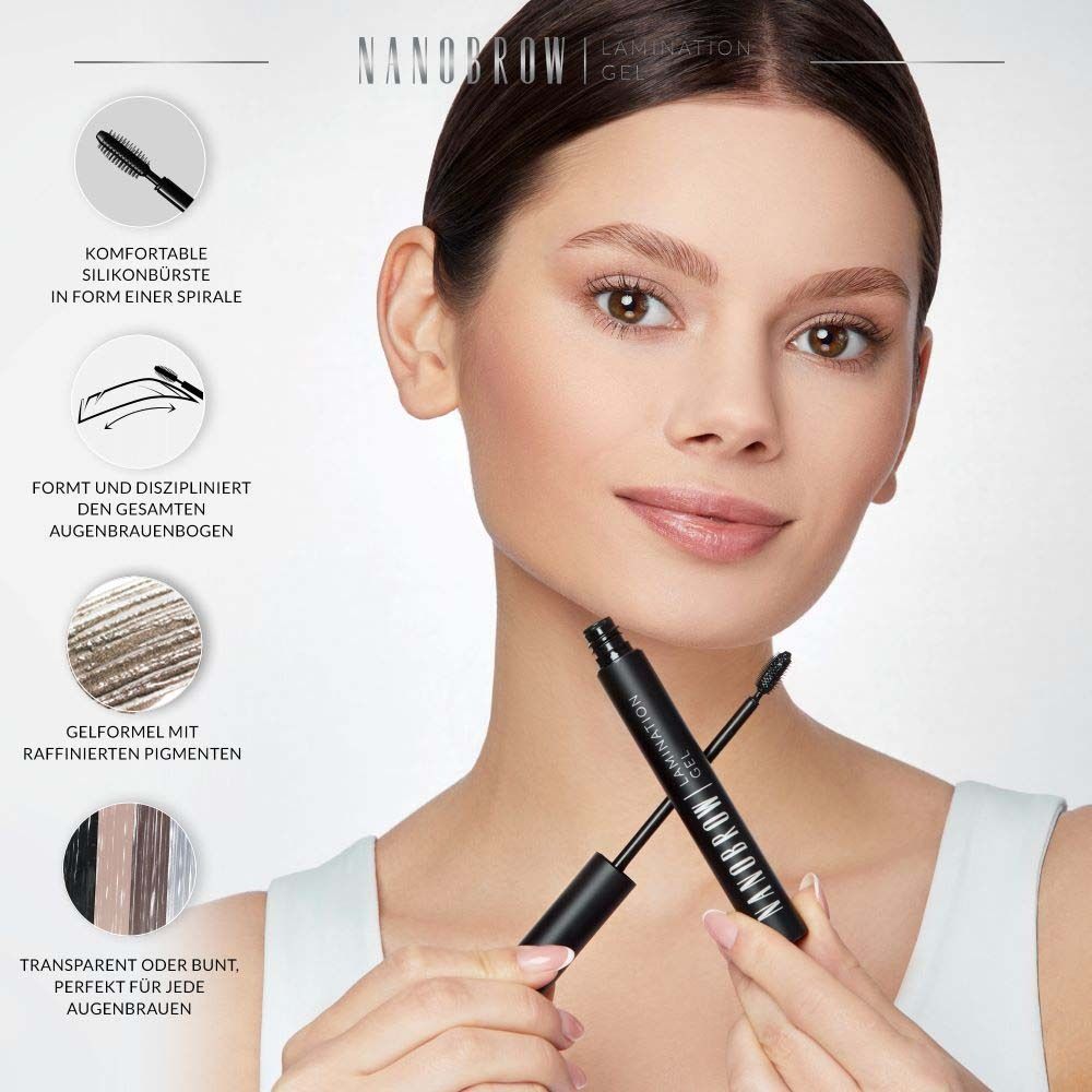Frau mit NANOBROW Lamination Gel. Produkt und Verpackung sichtbar. Produktmerkmale werden gezeigt.
