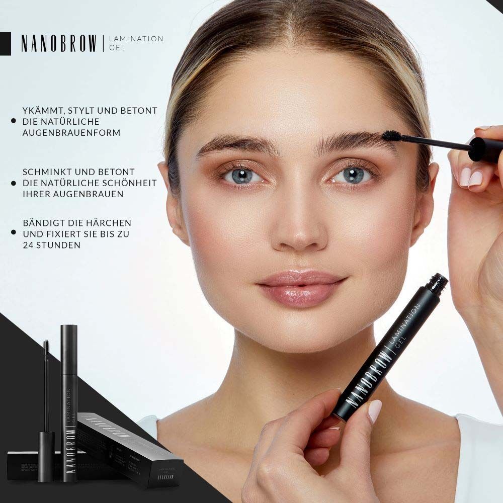 Frau mit NANOBROW Lamination Gel. Produkt und Verpackung sichtbar. Produkt wird aufgetragen.