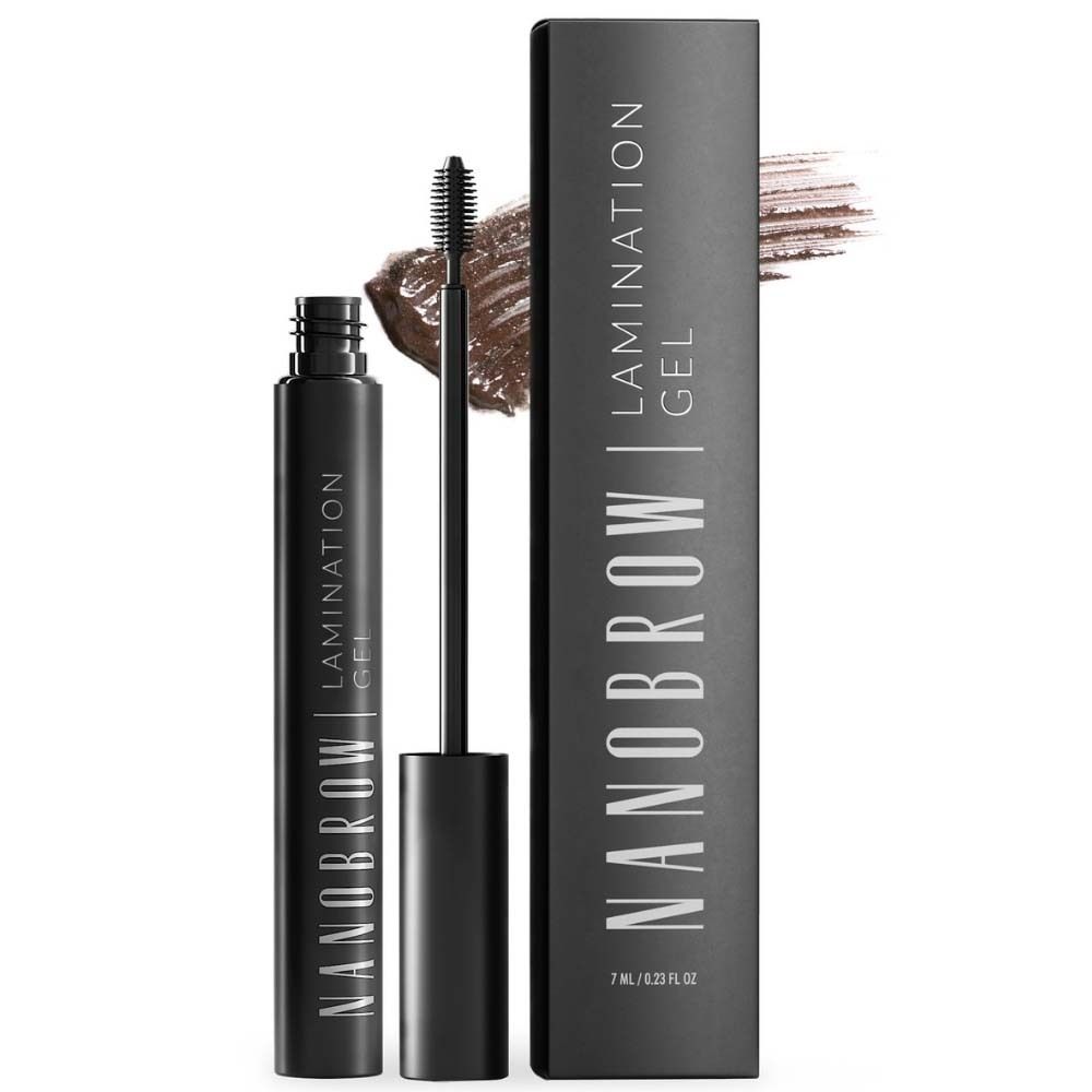 Schwarze Flasche und Verpackung mit der Aufschrift NANOBROW LAMINATION GEL. Applikator mit Produkt.