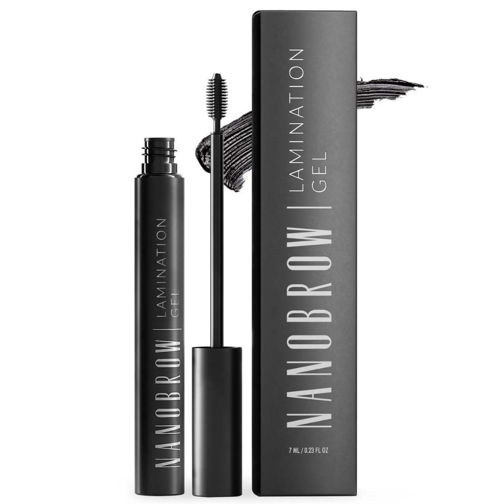 Schwarzes NANOBROW Lamination Gel mit Bürste und Verpackung. Gel-Auftrag auf Papier. Produktname und Gel-Bezeichnung.