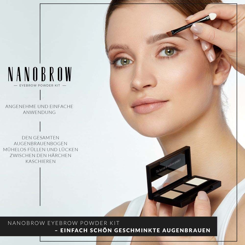 Frau trägt Augenbrauenpuder mit Pinsel auf. NANOBROW Eyebrow Powder Kit. Schwarze Verpackung mit drei Farbtönen.