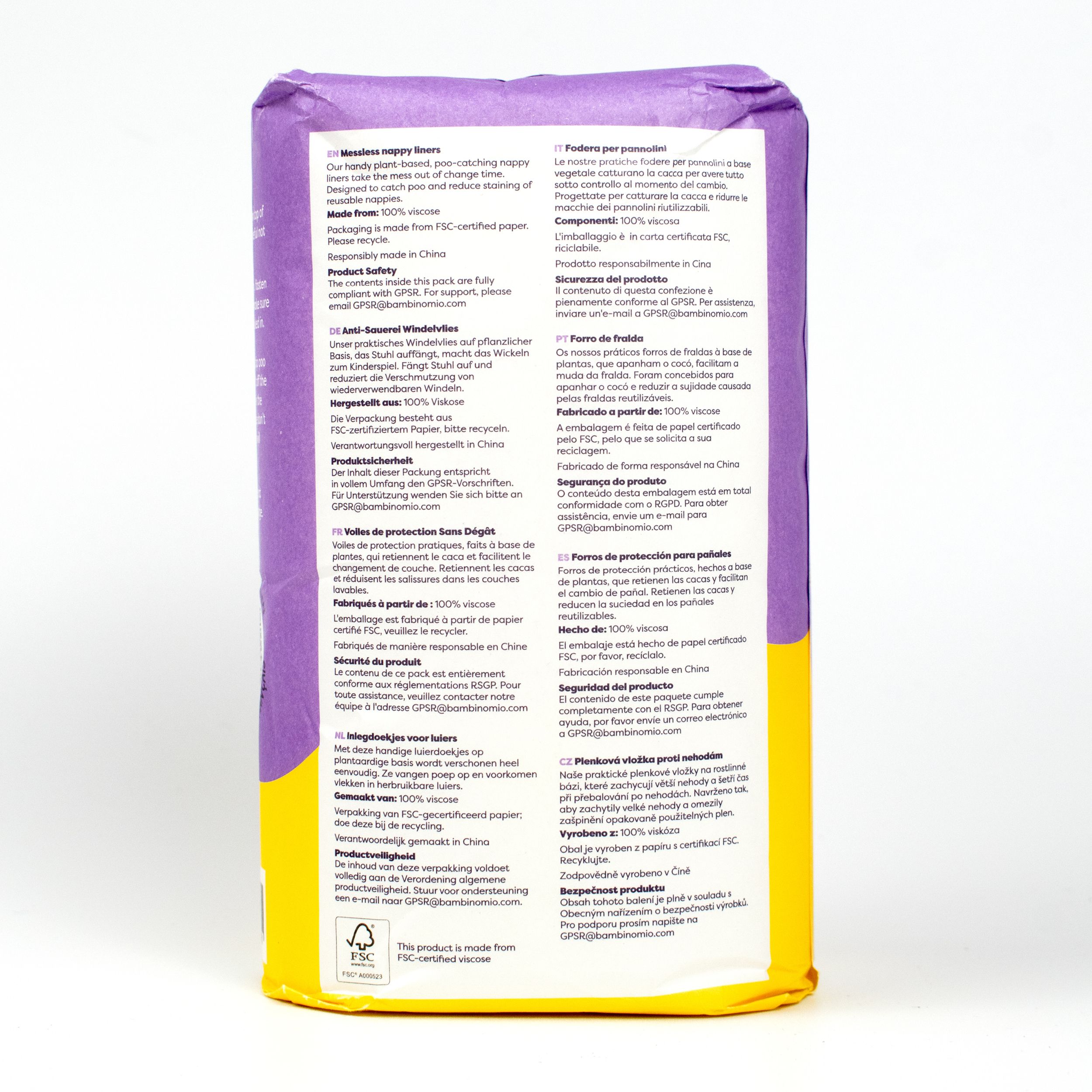 Dos du paquet de 'Mess Less happy liners'. Texte multilingue. Certification FSC.