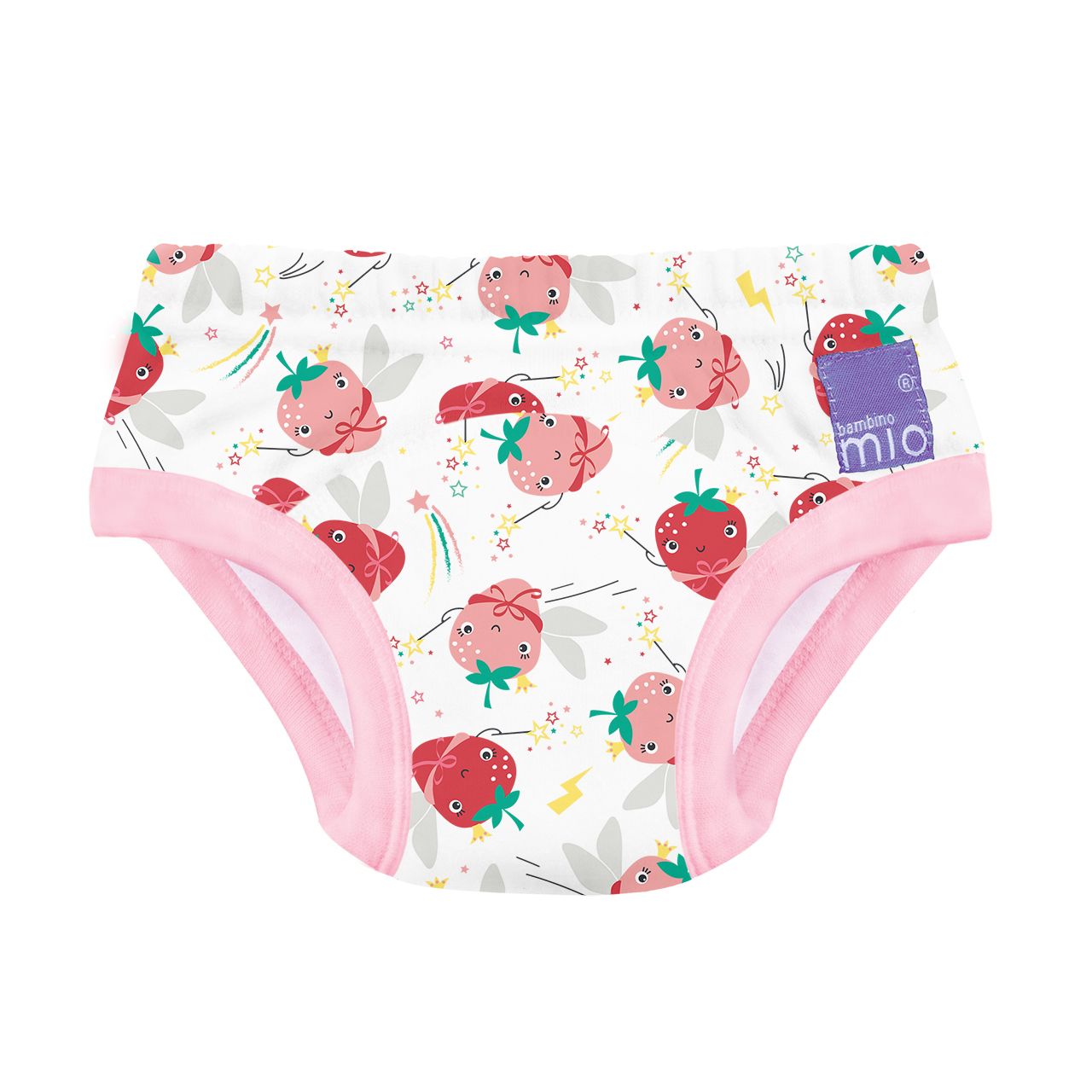 Culotte d'apprentissage à motif fraise, bordures roses. Marque : bambino mio.