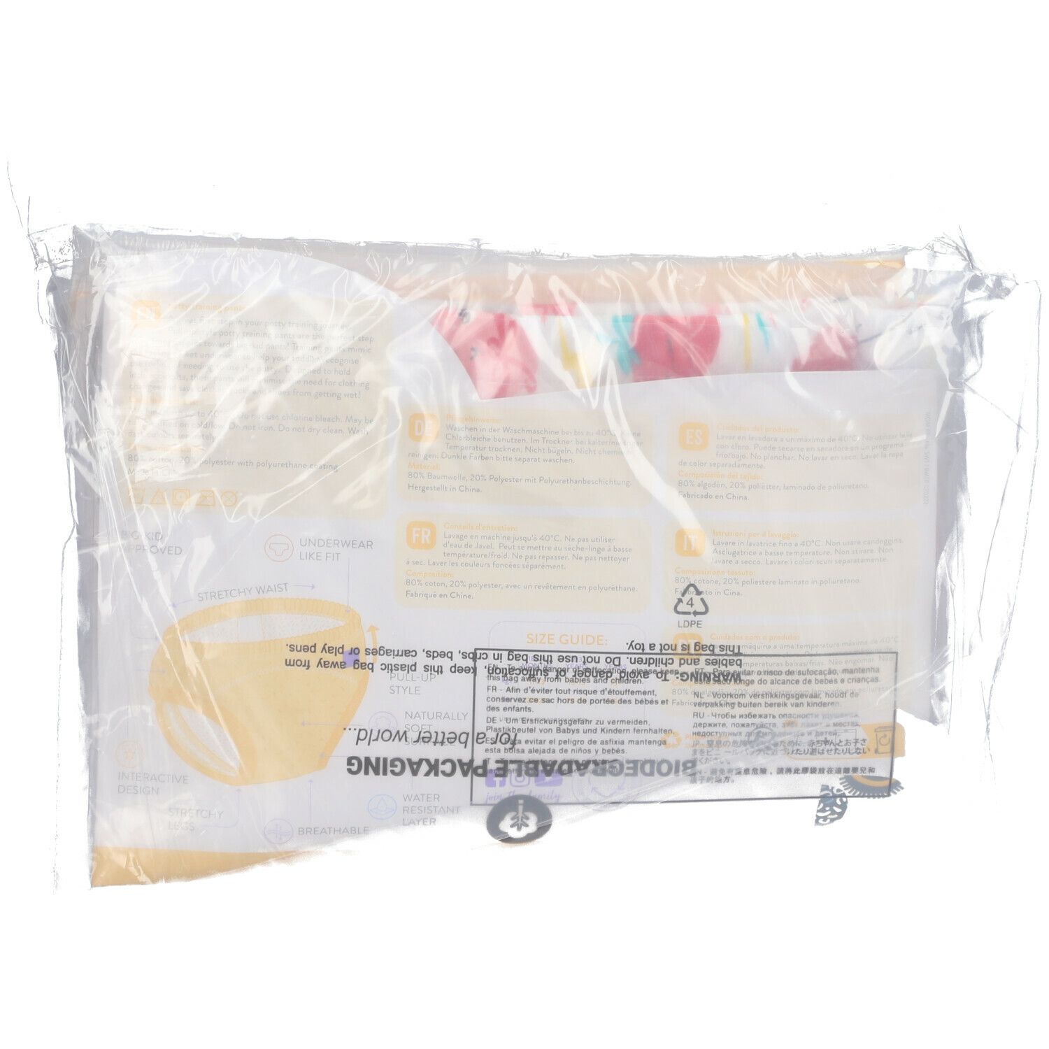 Emballage avec informations produit. Film transparent avec impressions et logo.