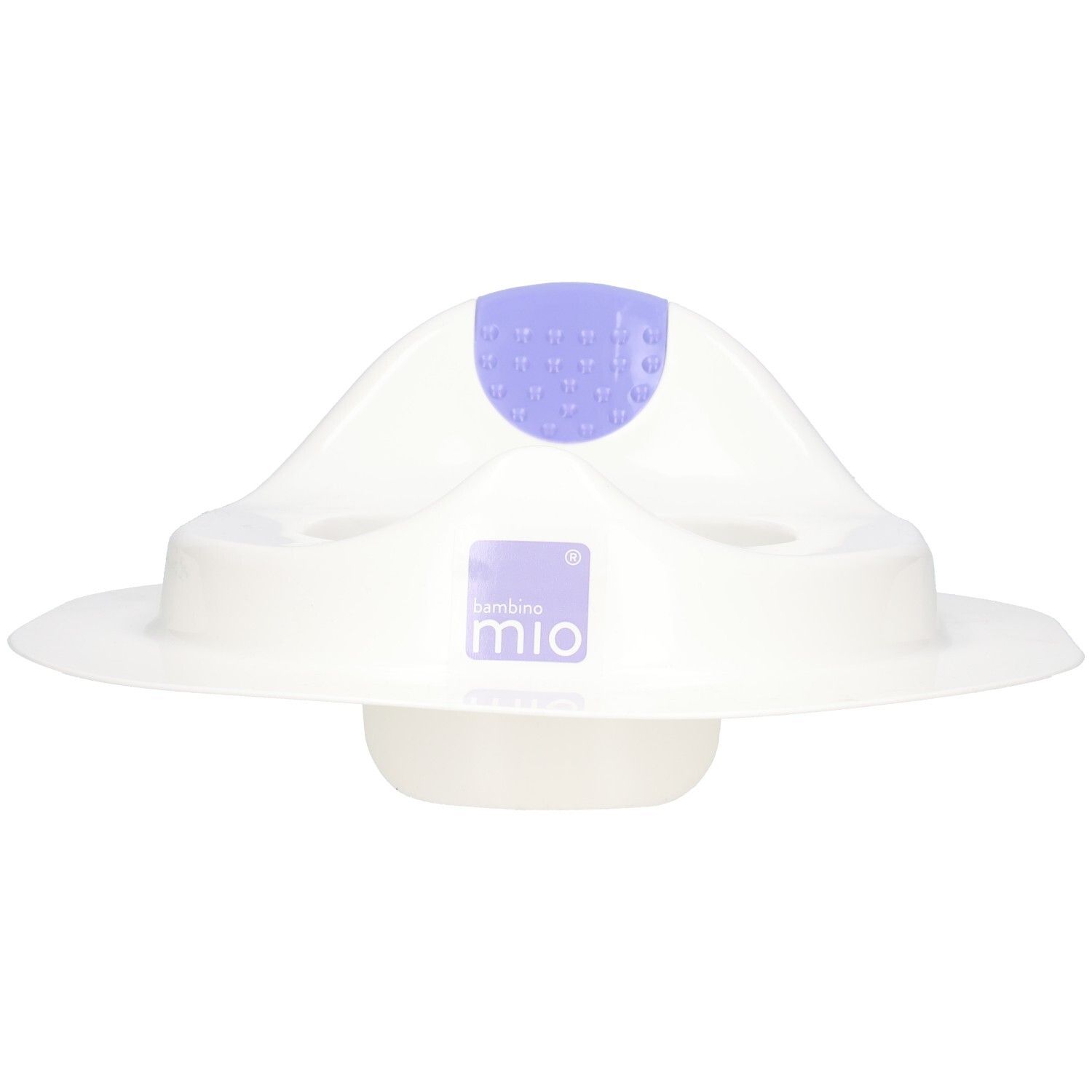 Weißer Toilettensitz mit lila Einsatz. Logo "bambino mio" sichtbar. Runde Form.