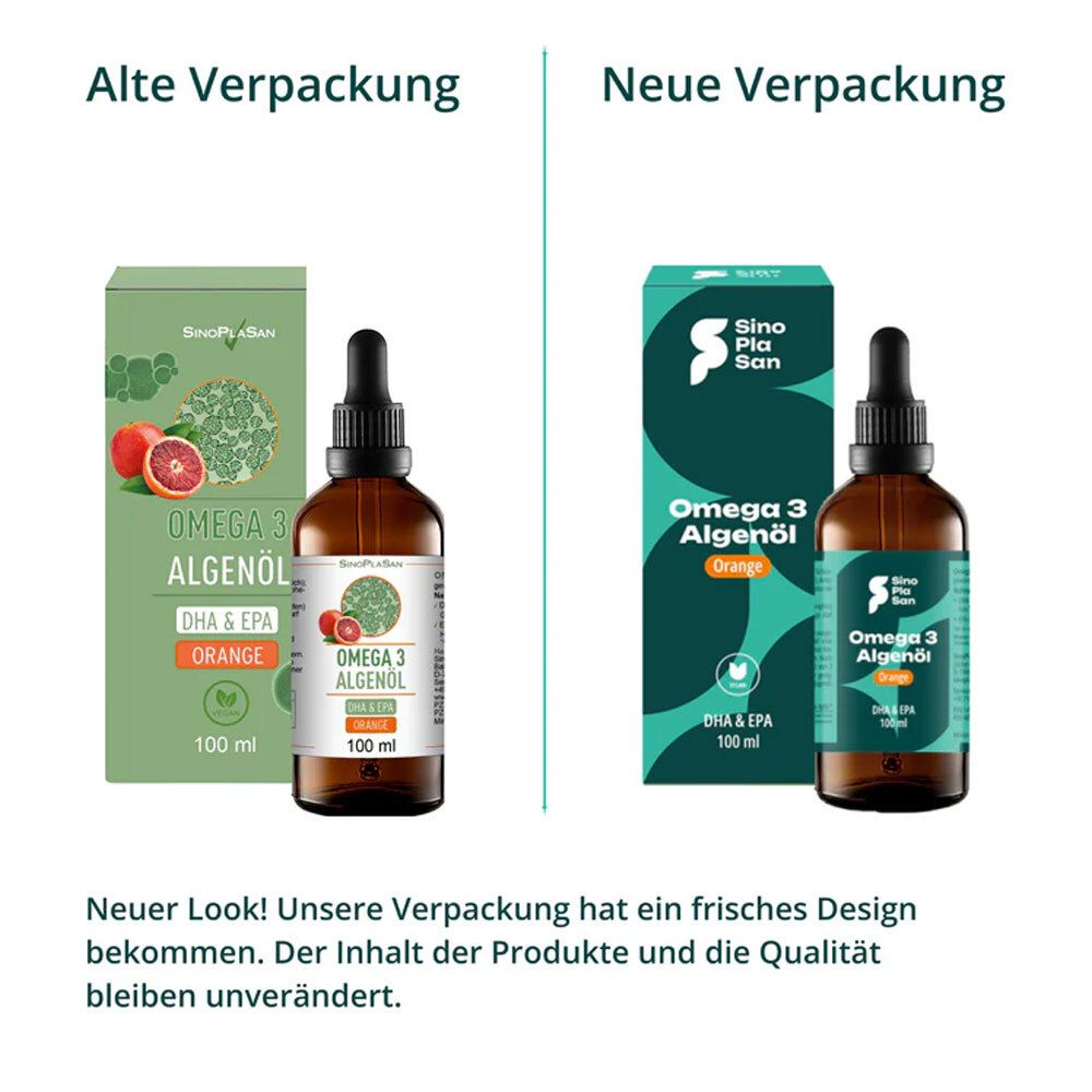 Vergleich: Alte und neue Verpackung von Omega-3 Algenöl. Links: Weiße Schachtel. Rechts: Grüne Schachtel. Braune Glasflaschen mit Pipetten. Aufdruck: SinoPlaSan, Omega 3 Algenöl, Orange.