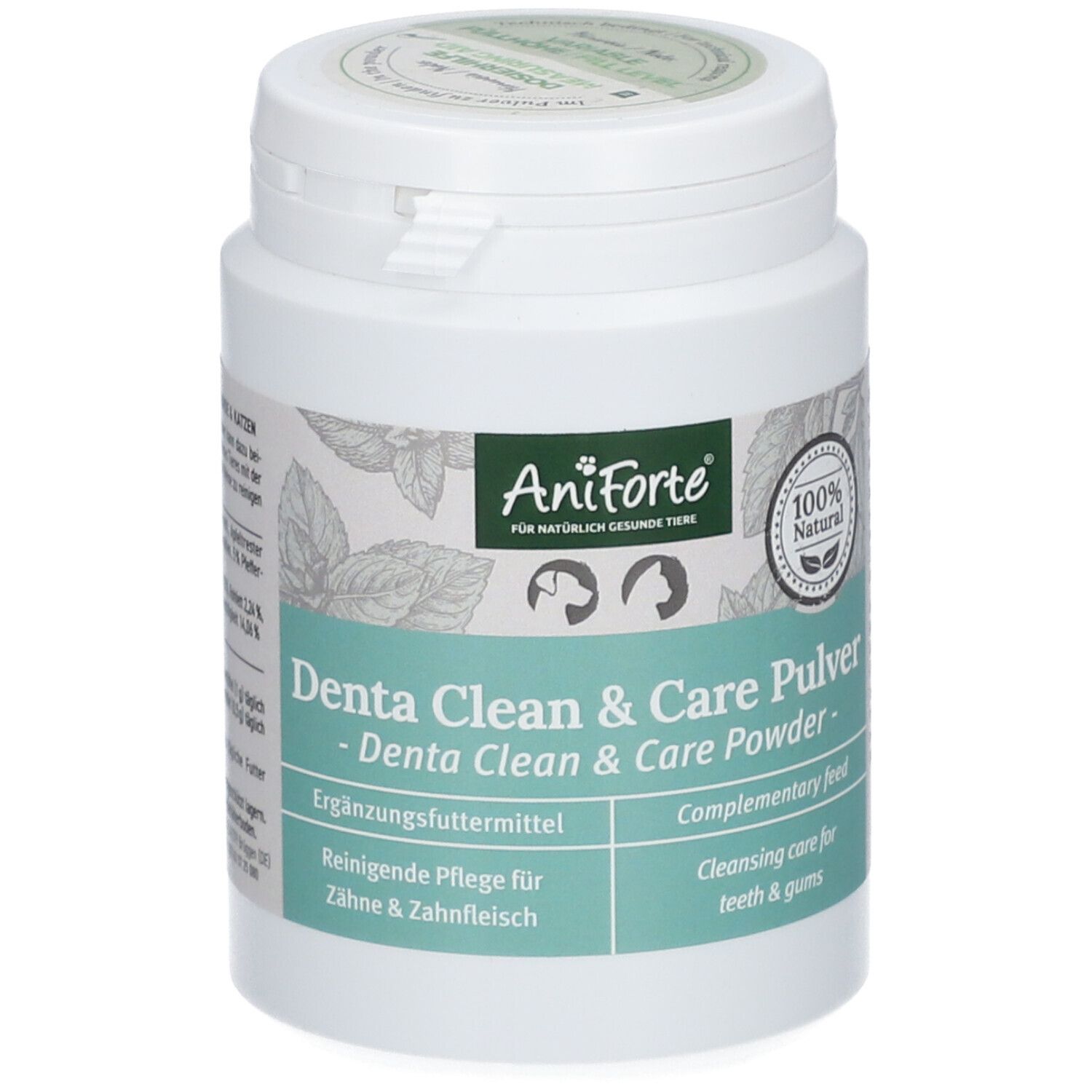 Weiße Dose mit Deckel. Aufschrift: AniForte, Denta Clean & Care Pulver. 100% Natural Siegel.