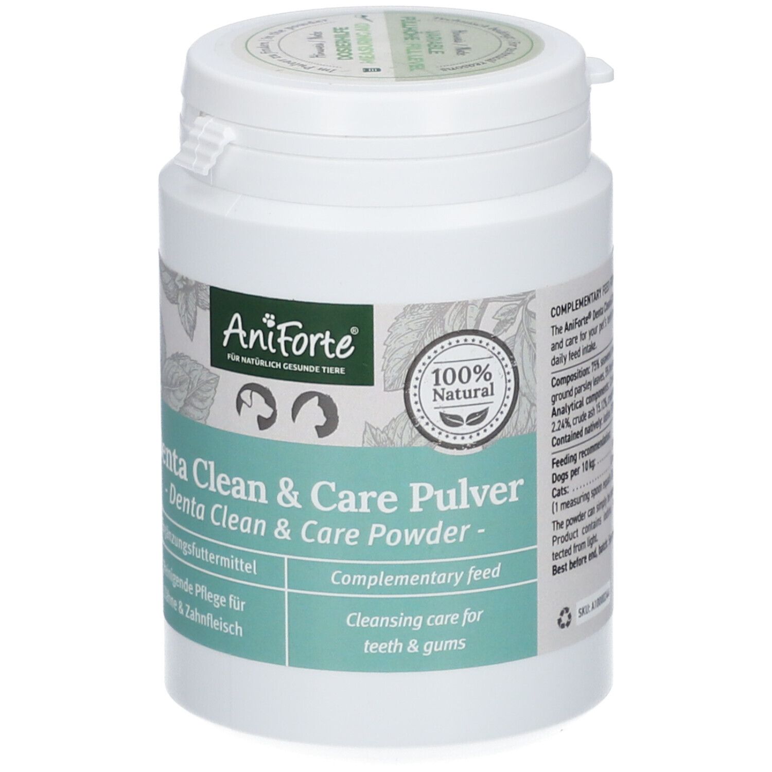 Weiße Dose mit Deckel. Aufschrift: AniForte, Denta Clean & Care Pulver. 100% Natural Siegel.