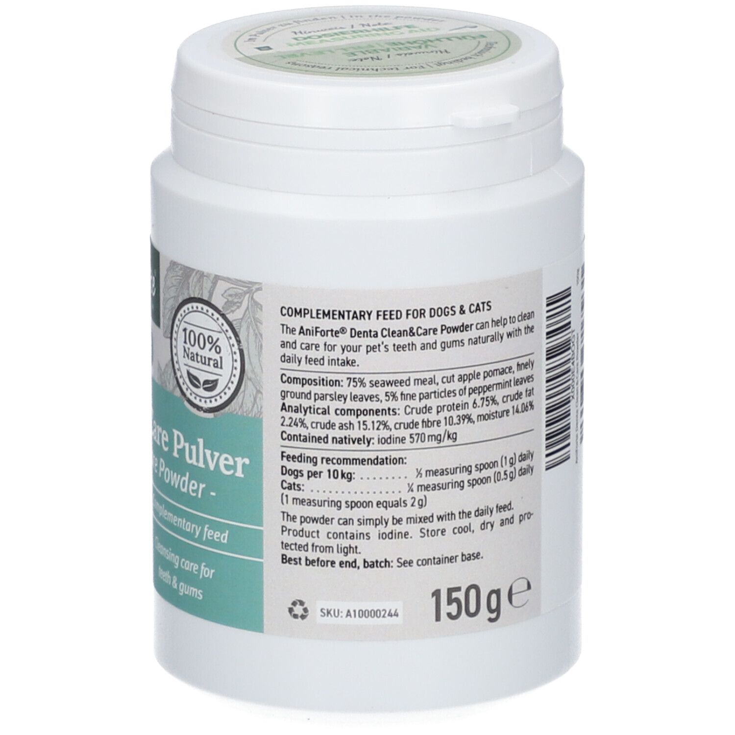 Weiße Dose, Rückseite mit Text und Barcode. 150g. Inhaltsstoffe, Dosierung, Hinweise.