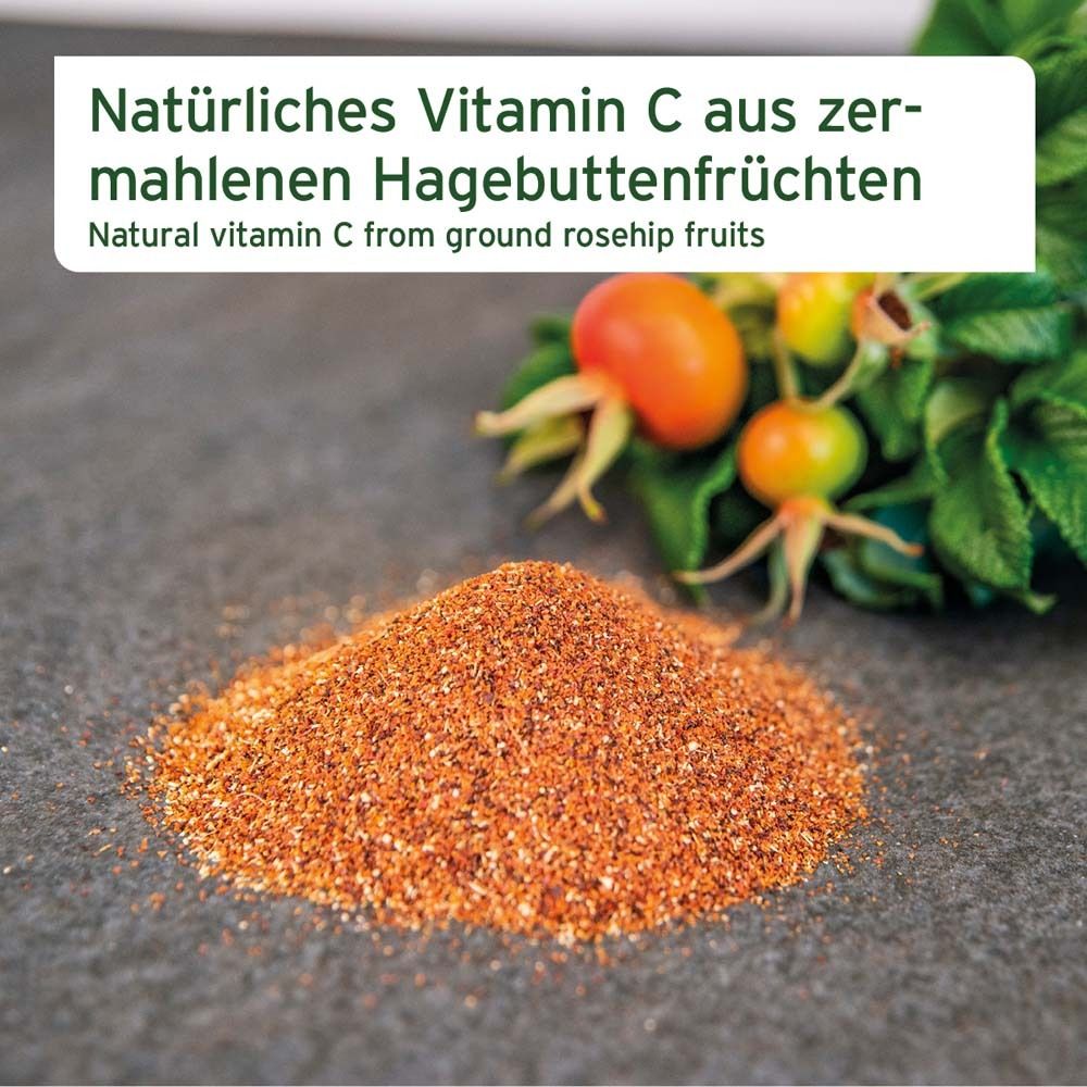 Haufen von gemahlenen Hagebutten auf einer grauen Oberfläche. Oben Text: Natürliches Vitamin C aus zermahlenen Hagebuttenfrüchten.