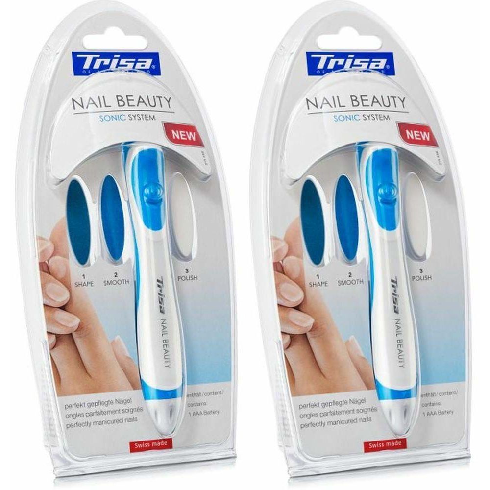 Deux emballages de Trisa Nail Beauty Sonic System. Chaque emballage contient un appareil, trois embouts et une pile. Swiss Made.