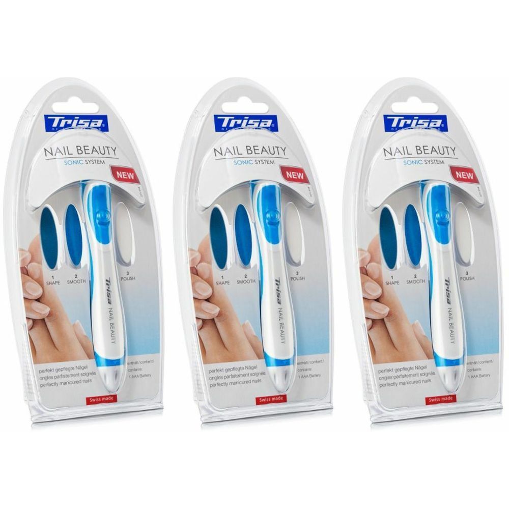 Drei Packungen TRISA Nail Beauty. Jede Packung enthält ein weiß-blaues Gerät und blaue Aufsätze. Aufschrift: Sonic System, NEW, Swiss Made.