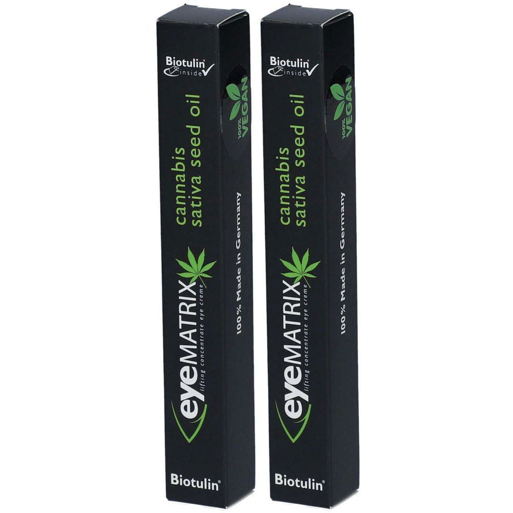 Zwei schwarze Schachteln. Aufschrift: eyeMATRIX, Cannabis Sativa Seed Oil, 100% Made in Germany, Vegan. Marke: Biotulin.