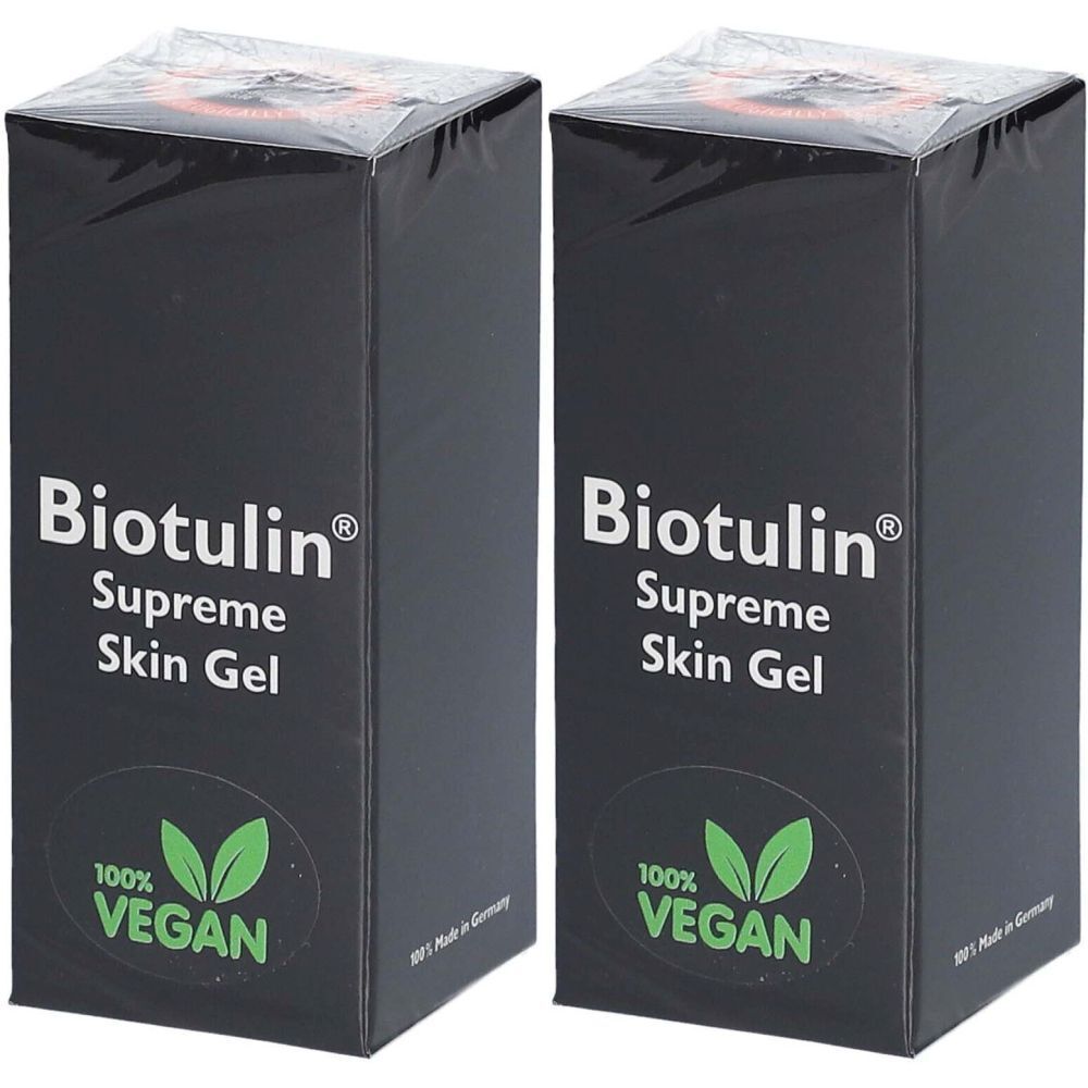 Deux boîtes noires de produit. Inscription : Biotulin Supreme Skin Gel. Avec un label végétalien et des feuilles vertes.
