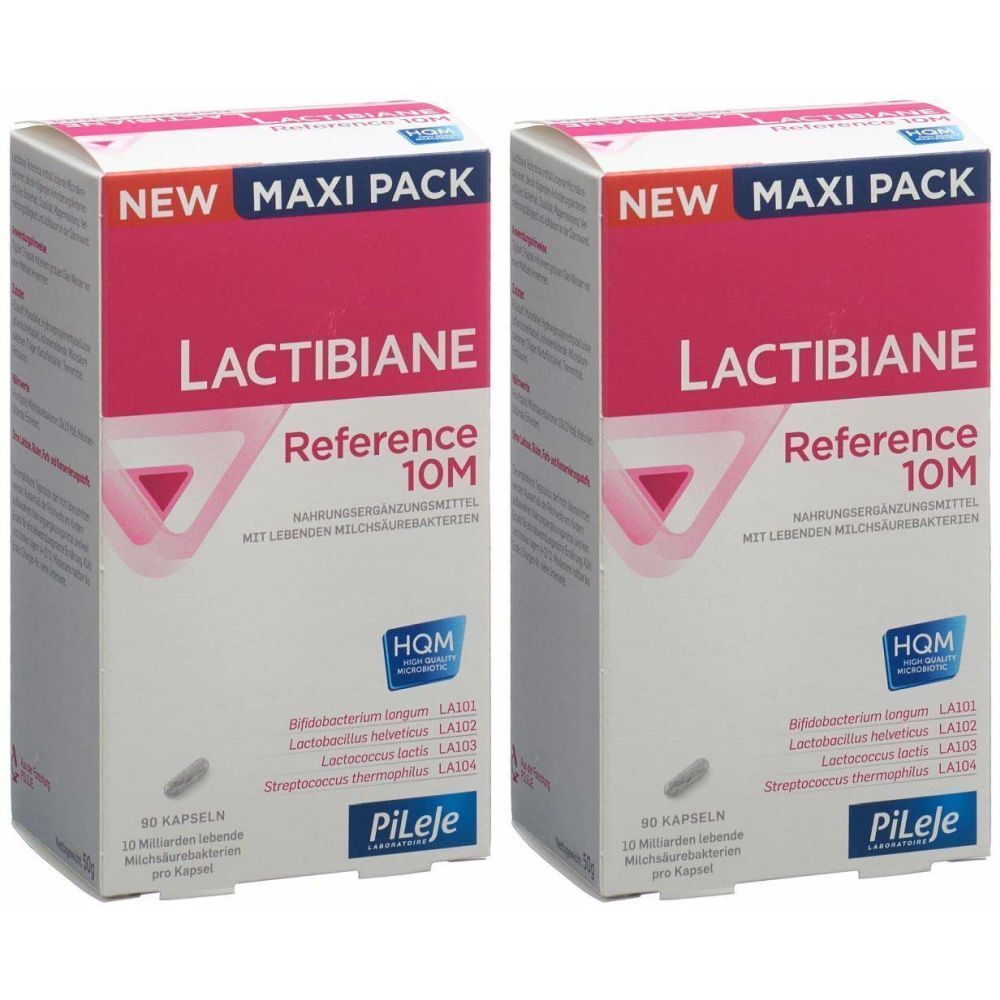 Deux boîtes LACTIBIANE Référence 10M. Design rose et blanc. Inscriptions: NEW MAXI PACK, LACTIBIANE, Reference 10M, logo HQM, 60 gélules.