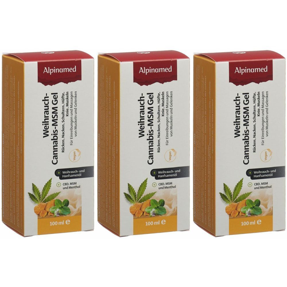 Drei rechteckige Kartons mit Produktaufdruck. Aufschrift: Alpinamed Weihrauch-Cannabis-MSM Gel. 100 ml.