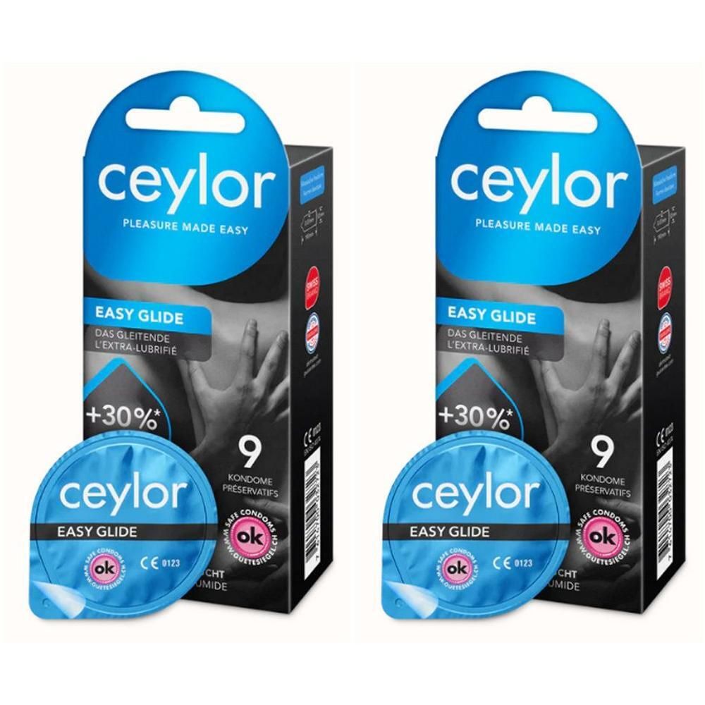 Deux paquets de préservatifs Ceylor Easy Glide, 9 par paquet. Emballés individuellement, avec +30% de lubrifiant.