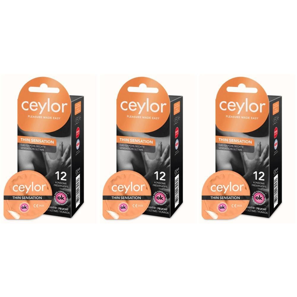Trois boîtes de préservatifs et trois préservatifs individuels. Boîtes noires avec impression orange. Texte: Ceylor Thin Sensation, 12 préservatifs.