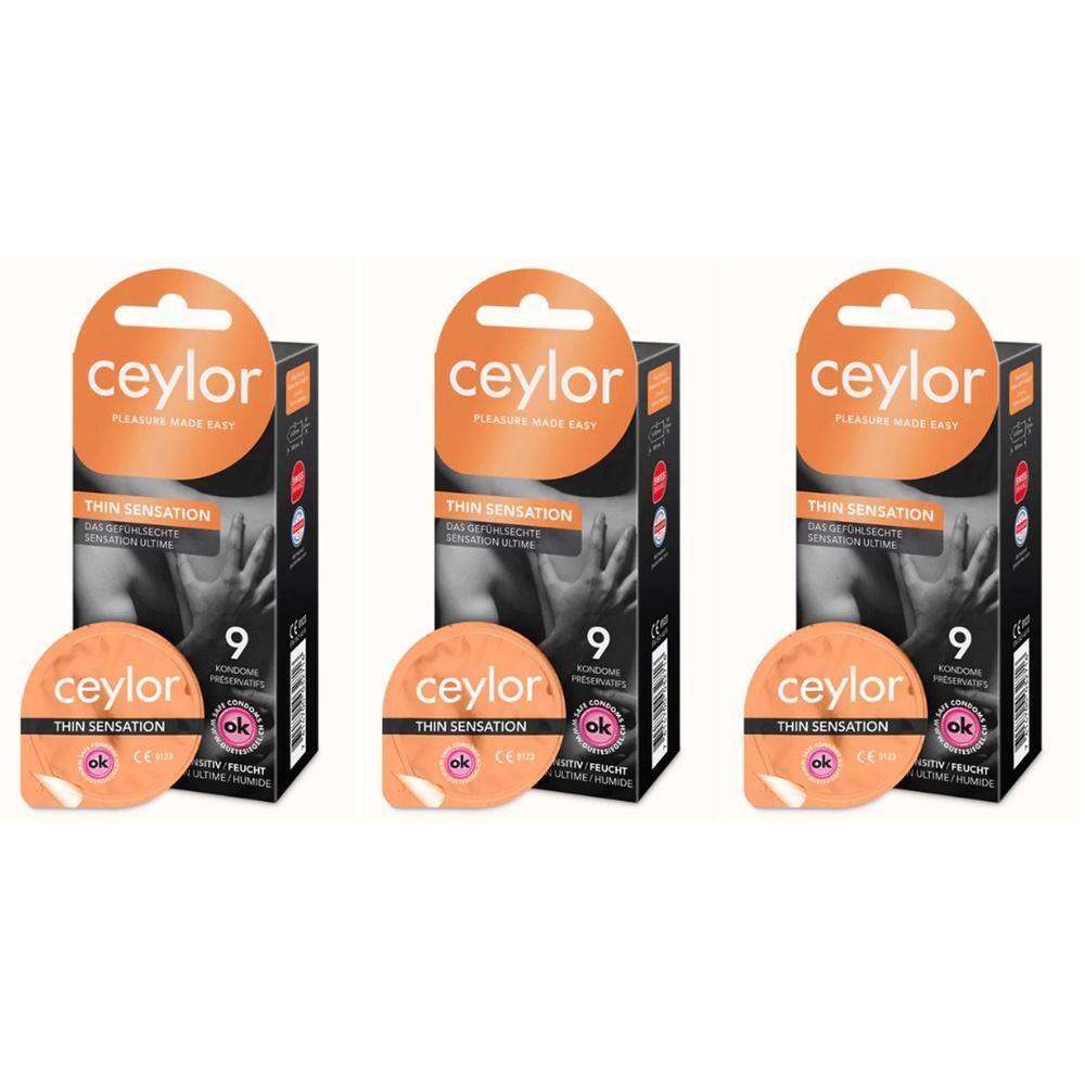 Trois boîtes de préservatifs et trois préservatifs individuels. Inscription orange : ceylor, Thin Sensation. Emballage noir.