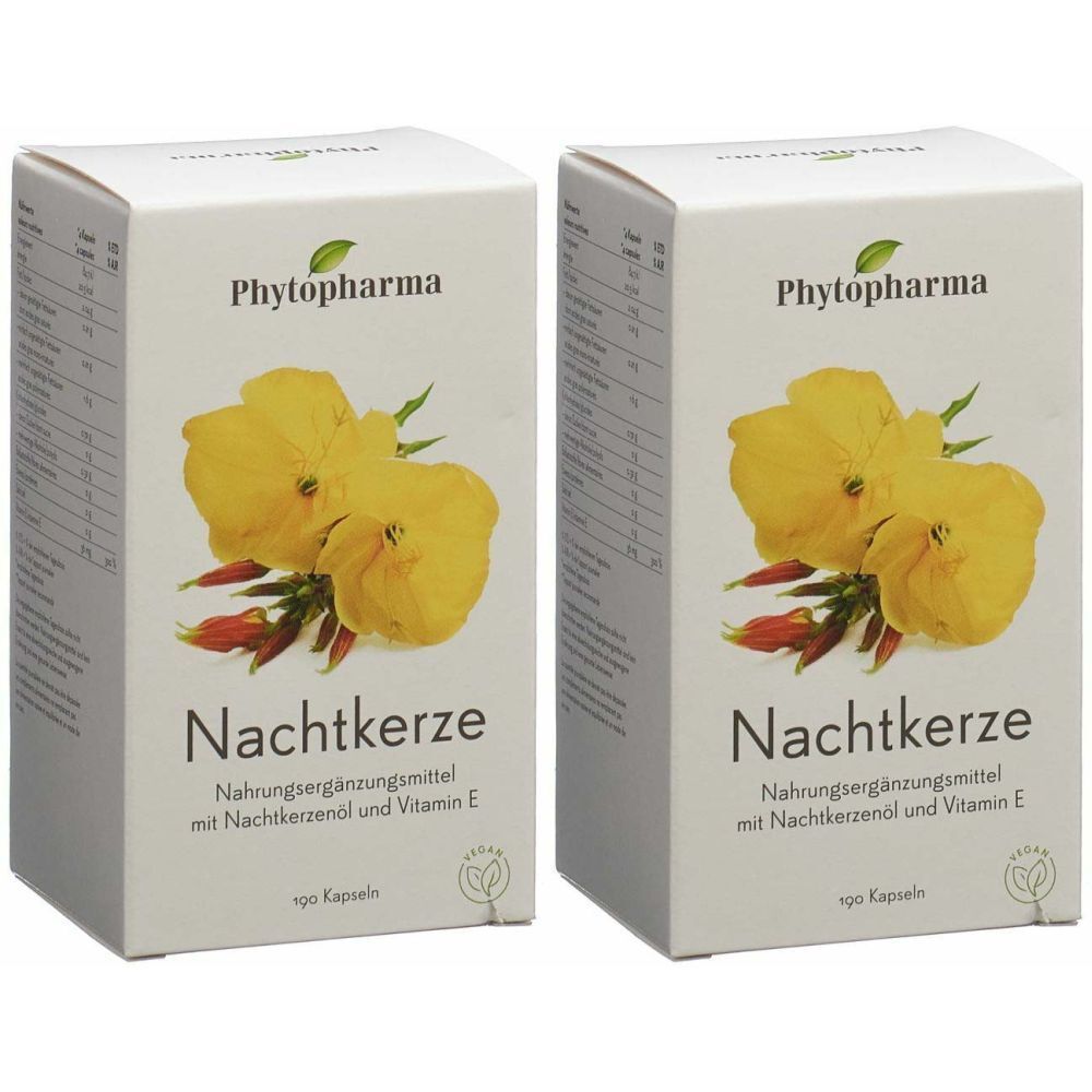 Zwei weiße Schachteln mit Produktnamen Nachtkerze, gelben Blüten und dem Logo von Phytopharma. Text: Nahrungsergänzungsmittel.