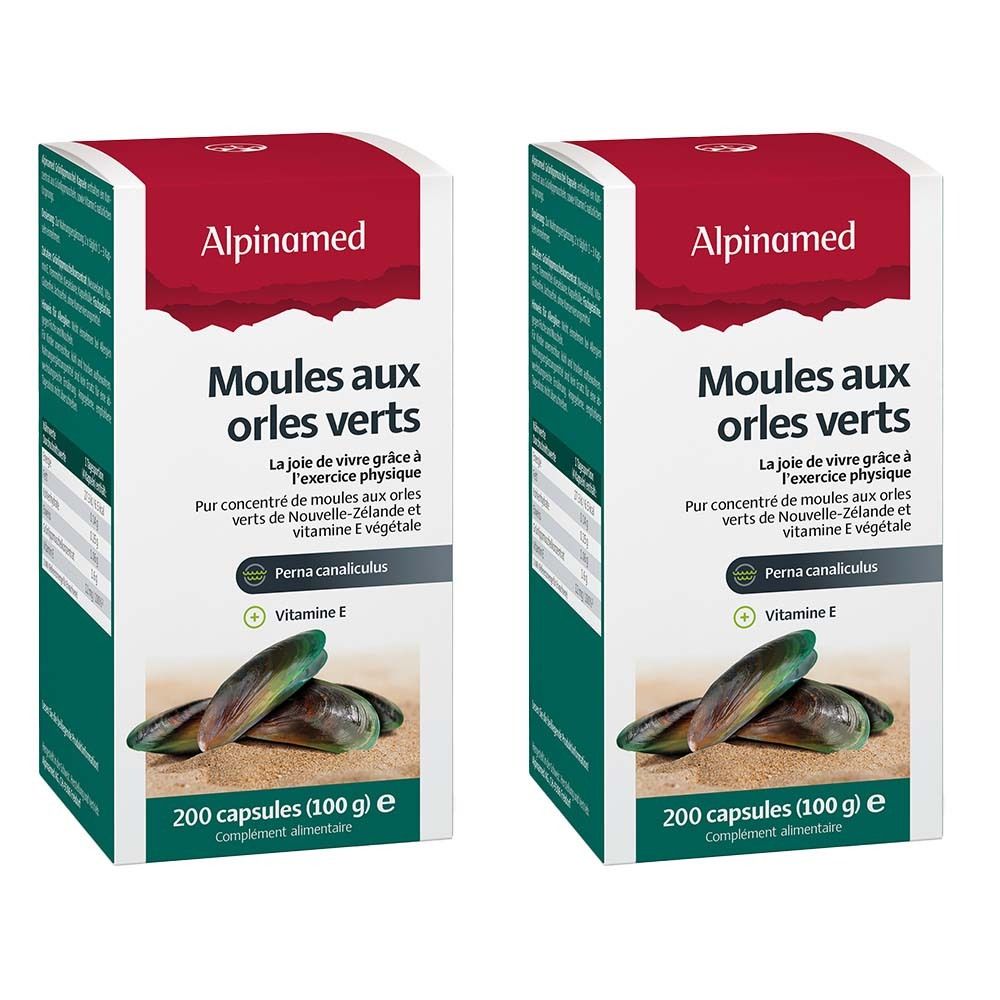Deux boîtes de gélules Alpinamed Moules aux orles verts. Inscription : Moules aux orles verts, 200 gélules, vitamine E. Image de moules.