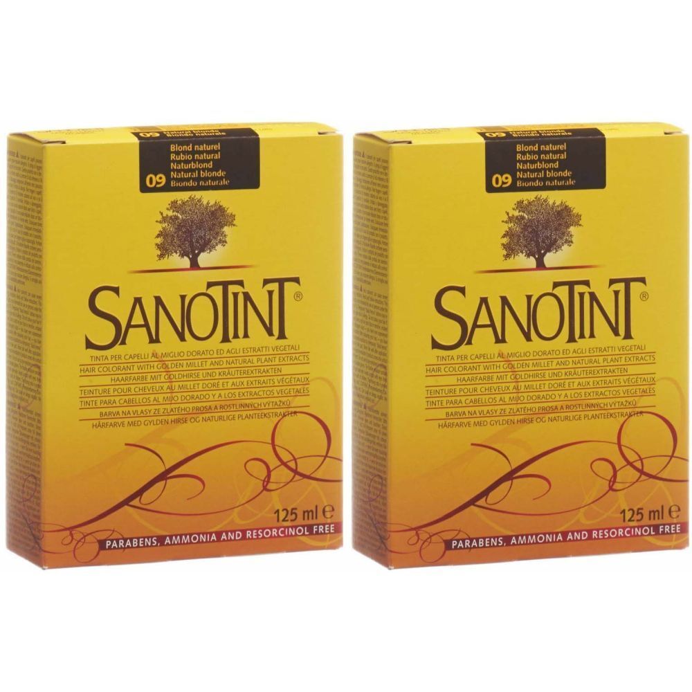 Zwei gelbe Kartons mit SANOTINT-Logo und Text. Aufschrift: Haarfarbe naturblond 09. Enthält 125 ml. Frei von Parabenen, Ammoniak und Resorcinol.