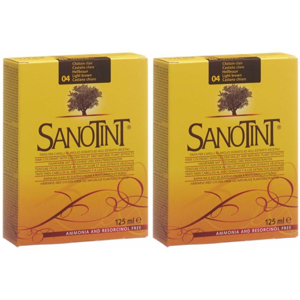 Zwei gelbe Kartons SANOTINT Haarfarbe hellbraun 04. Aufschrift: 125 ml e, Ammonia and Resorcinol Free.