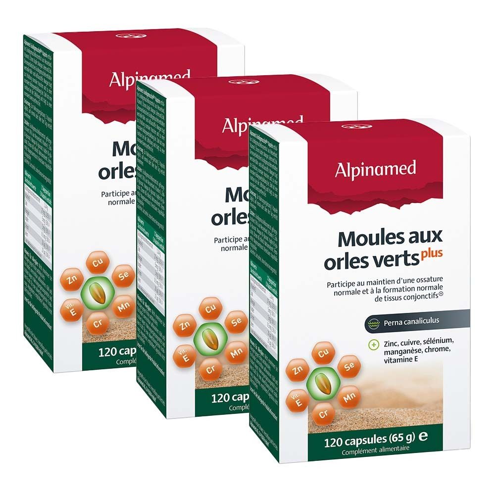 Drei Schachteln ALPINAMED Grünlippmuschel Plus. Weiße Verpackung mit rotem Deckel. Aufschrift: Moules aux orles verts plus. 120 Kapseln.