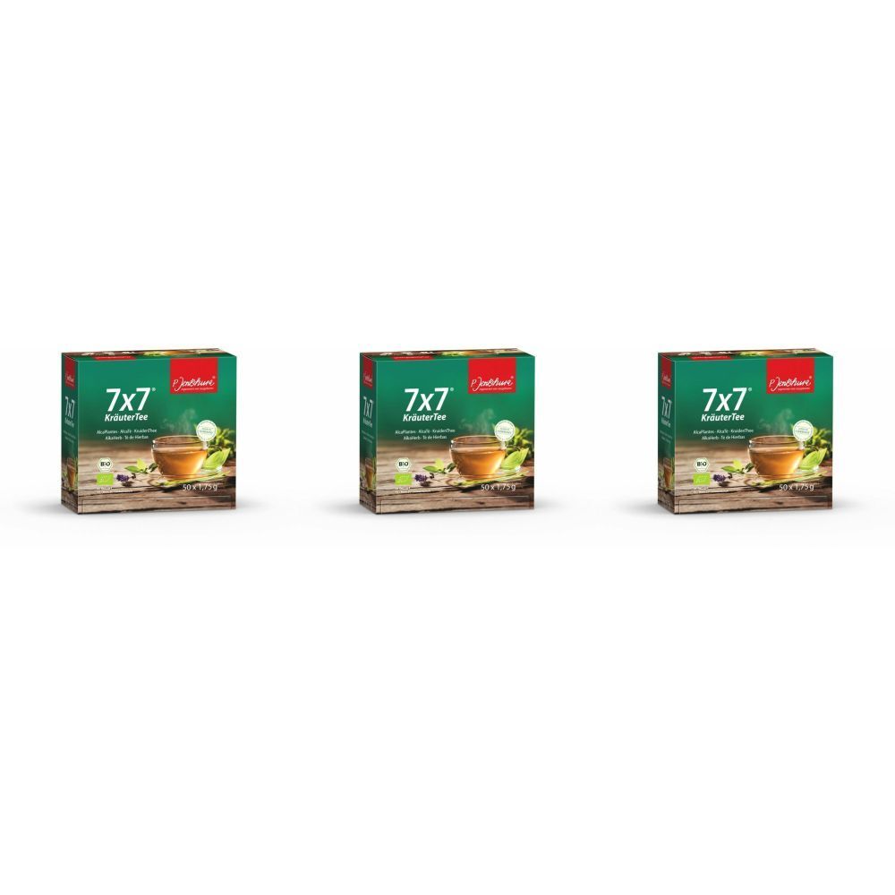 Drei Schachteln mit grünem und rotem Design. Auf jeder Schachtel steht "7x7 Kräutertee bio".