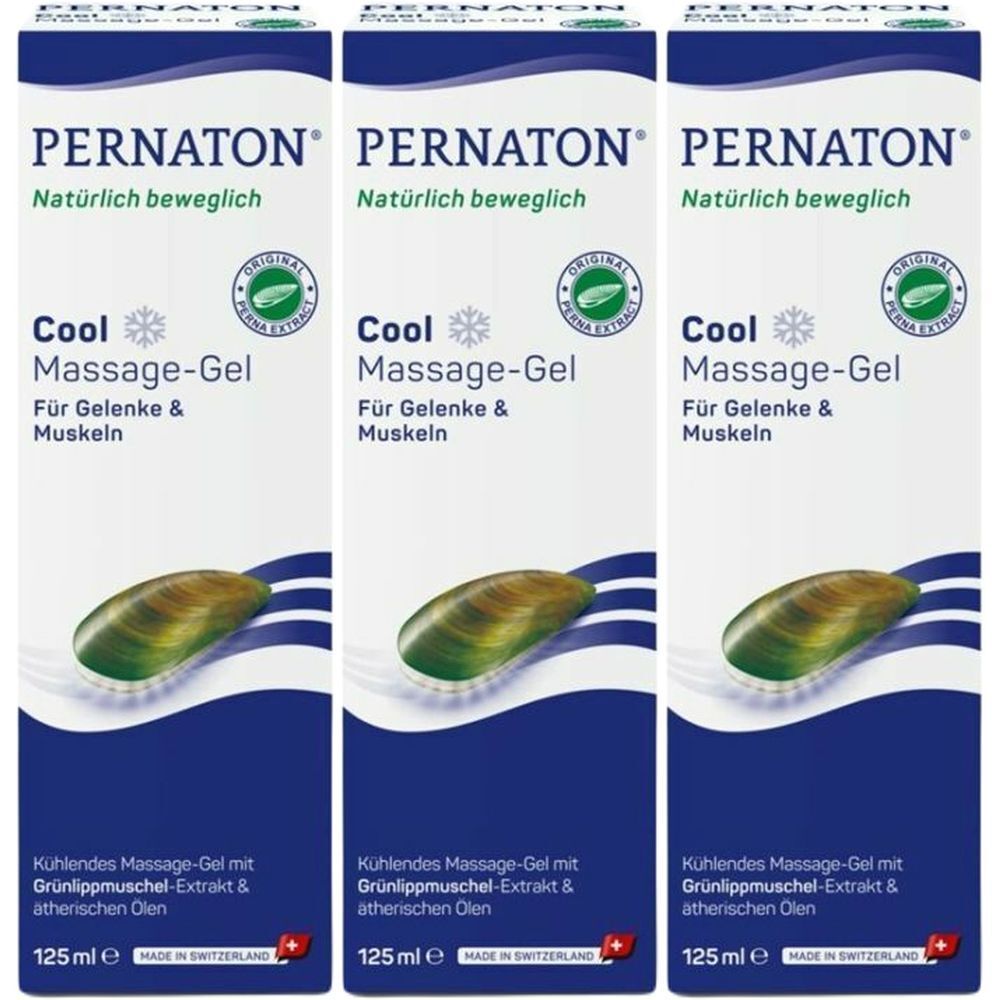 Drei Tuben PERNATON Cool Massage-Gel. Weißes Etikett mit blauem Streifen, Produktname, Muschel-Illustration und Text. 125 ml.