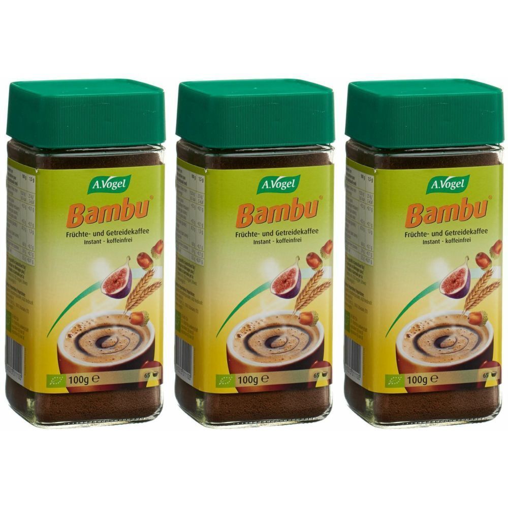 Trois pots de café instantané A. Vogel Bambu. Bouchons verts, étiquettes jaunes avec nom du produit et illustrations.