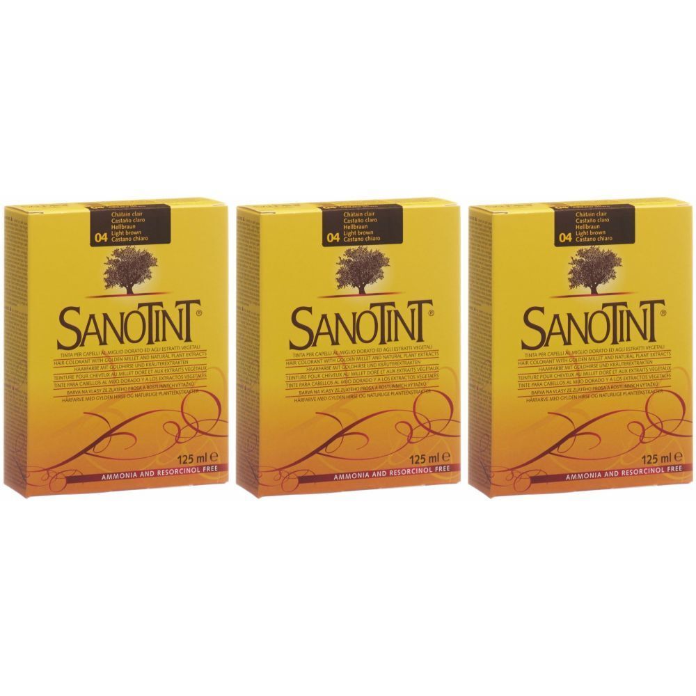 Drei Schachteln SANOTINT Haarfarbe hellbraun 04. Gelb-orange Verpackung mit Baum-Logo. Text: Ammonia and resorcinol free. 125 ml.
