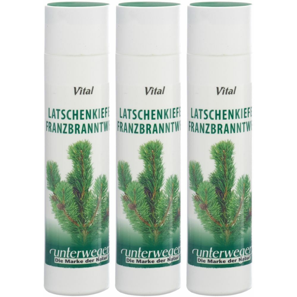 Trois flacons cylindriques avec étiquette blanche. Inscription : Latschenkiefer Franzbranntwein. Logo Unterweger et Vital.