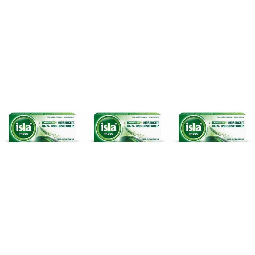 Drei Packungen mit grün-weißem Design. Auf jeder Packung steht "Isla" und weitere Schriftzüge. Die Verpackungen sind nebeneinander angeordnet.