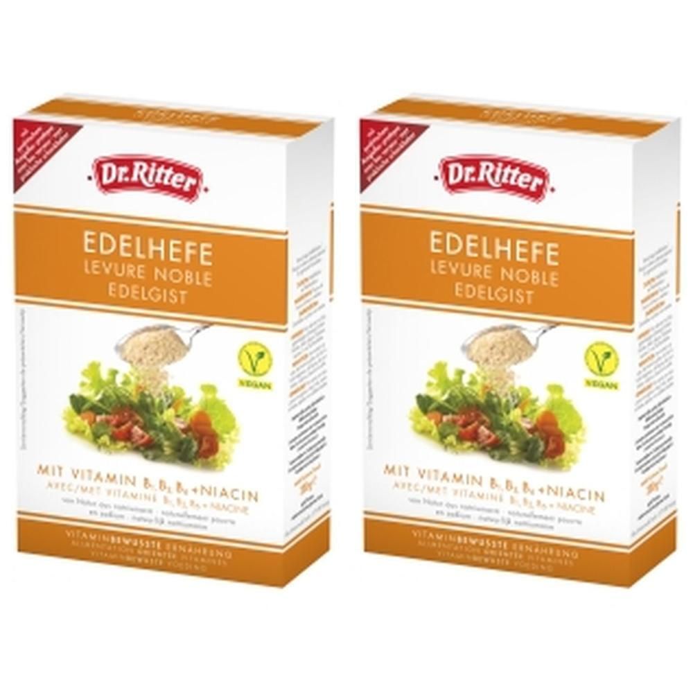 Deux boîtes de "Edelhefe". Inscriptions : "Dr. Ritter", "Levure Noble", logo "Vegan", et informations nutritionnelles.