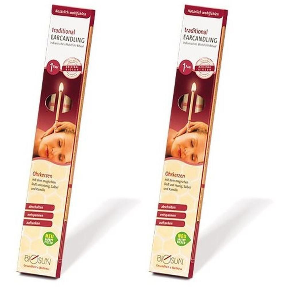 Deux boîtes de bougies auriculaires. Inscription : traditional EARCANDLING. Marque : Biosun. L'emballage montre une personne avec une bougie à l'oreille.