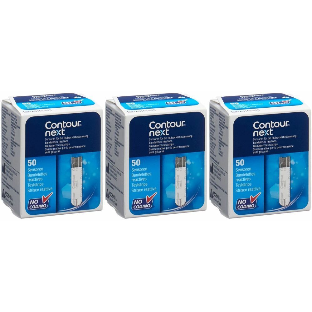 Trois boîtes de bandelettes réactives CONTOUR® NEXT. Chaque boîte contient 50 bandelettes. Emballage bleu et blanc avec le nom du produit.