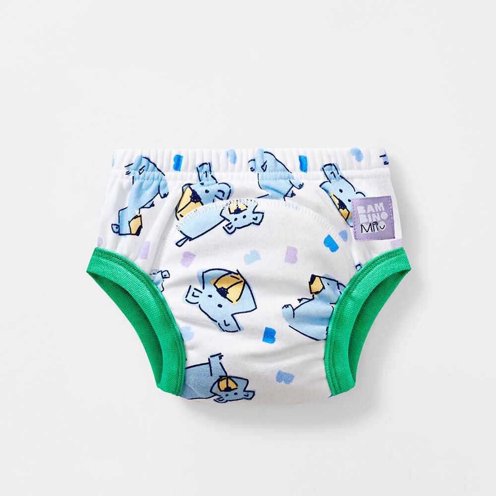 Weiße Lernhöschen mit blauem Tiermuster und grünen Rändern. Marke Bambino Mio.