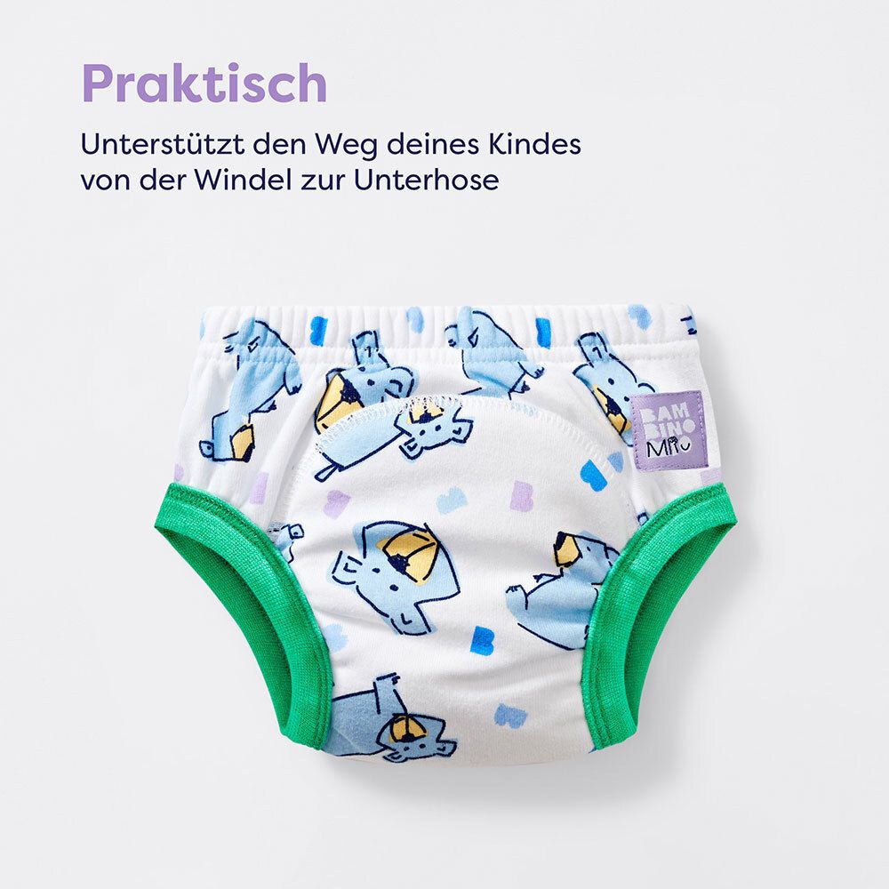 Weiße Lernhöschen mit blauem Tiermuster. Text: Praktisch. Unterstützt den Weg von der Windel zur Unterhose.