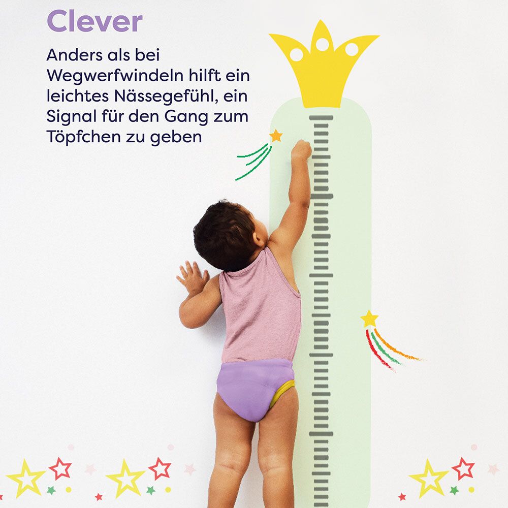 Kind an einer Messlatte mit Lernhöschen. Text: Clever. Signal für den Gang zum Töpfchen.