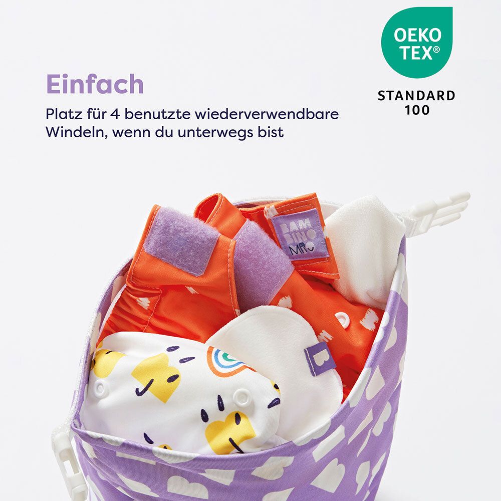 Sac violet avec couches. Certification Oeko-Tex Standard 100.