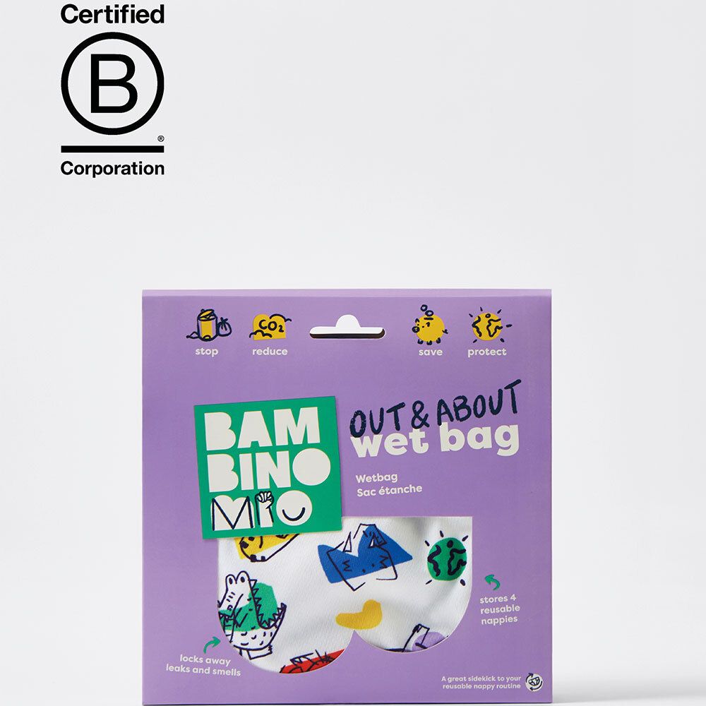 Emballage avec le nom du produit BAMBINO MIO, Wet Bag. Certification B Corp.