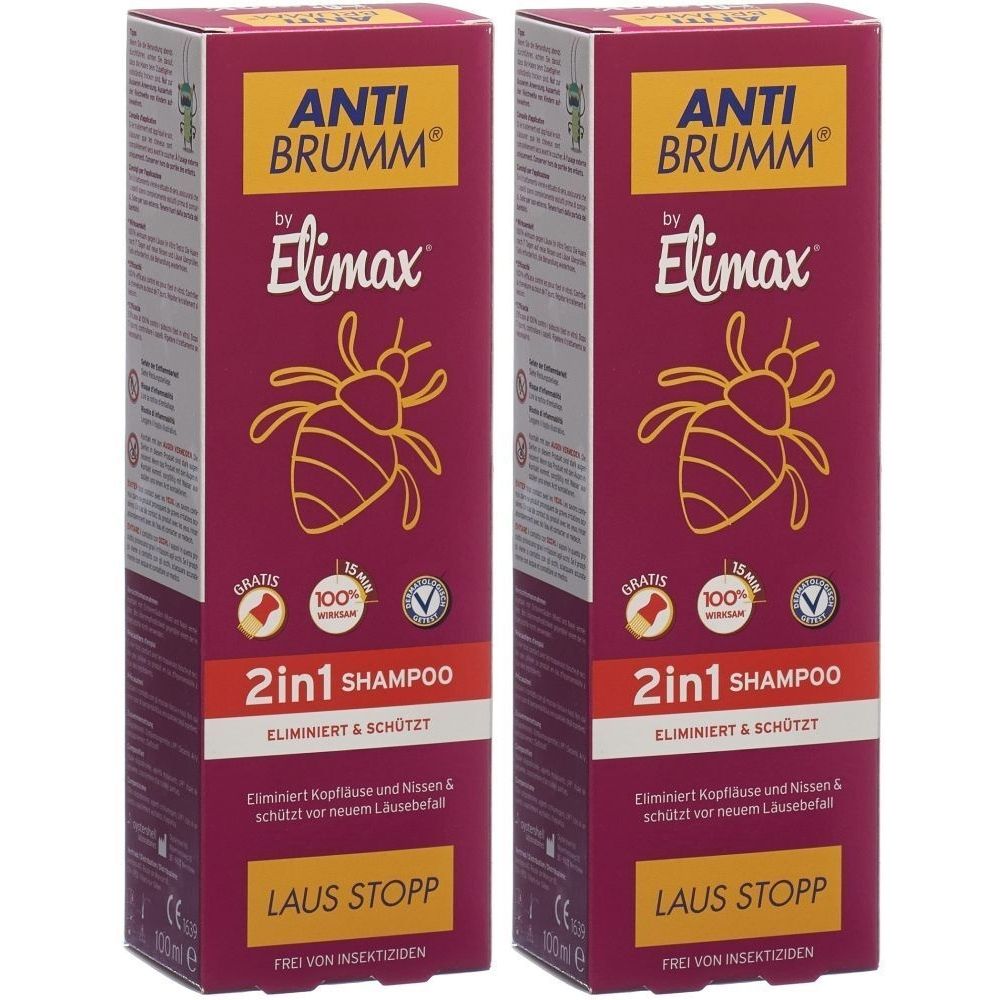 Deux boîtes de shampooing ANTI BRUMM® Elimax 2 en 1. Inscriptions : 2 en 1 Shampooing, Élimine & Protège, Stop Poux, Sans insecticides.