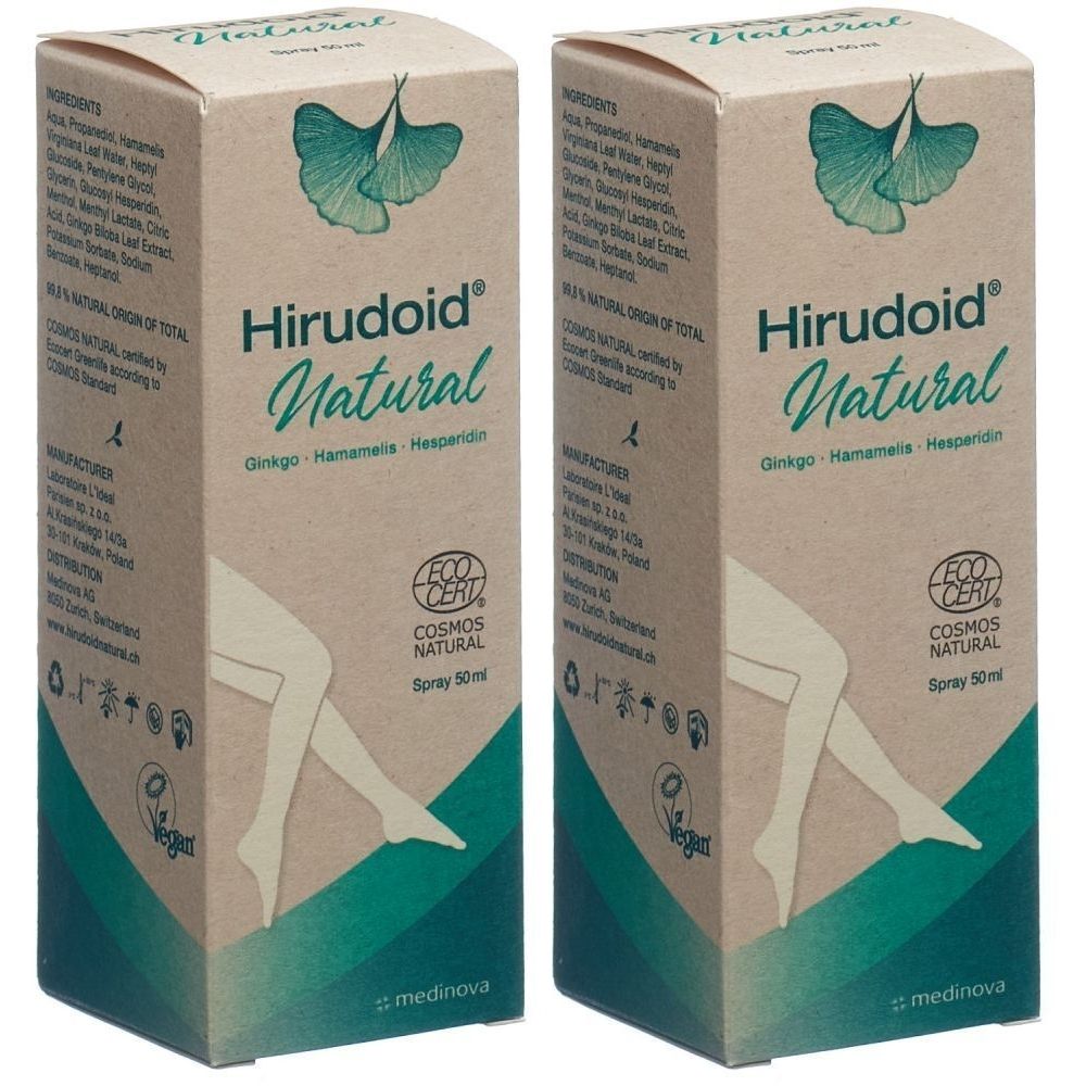 Zwei Kartons mit Produktaufdruck. Aufschrift: Hirudoid Natural, Ginkgo, Hamamelis, Hesperidin. Mit Logo und Zertifizierung.
