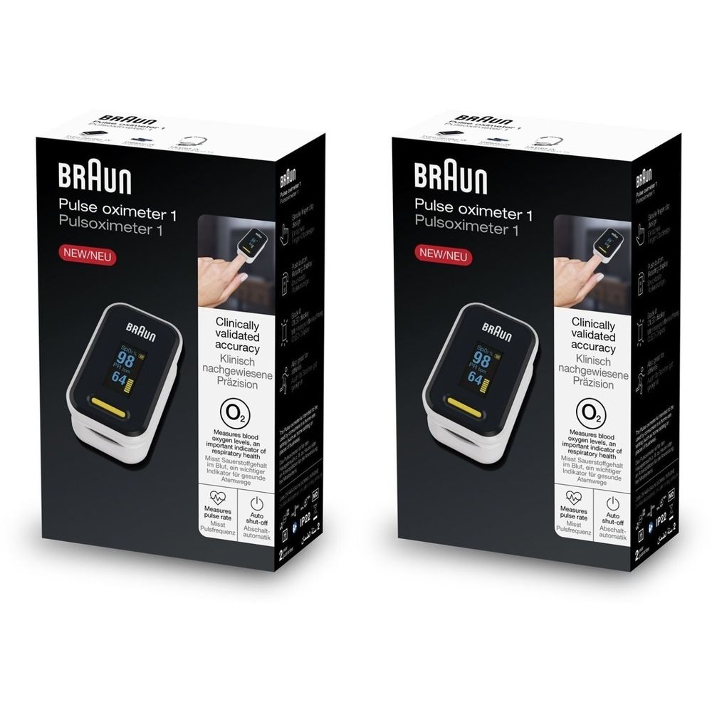 Zwei Packungen BRAUN Pulsoximeter 1. Schwarze Verpackung mit Produktabbildung und Text. Anzeige von Sauerstoffsättigung.