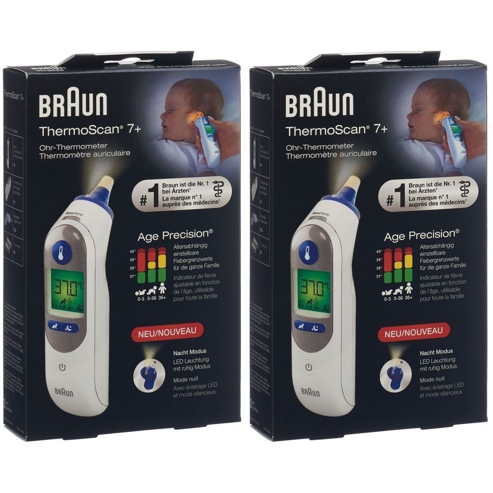 Zwei Packungen BRAUN ThermoScan 7+ Ohr-Thermometer. Schwarze Verpackung mit Produktabbildung und Text. Digitalanzeige mit Temperatur.