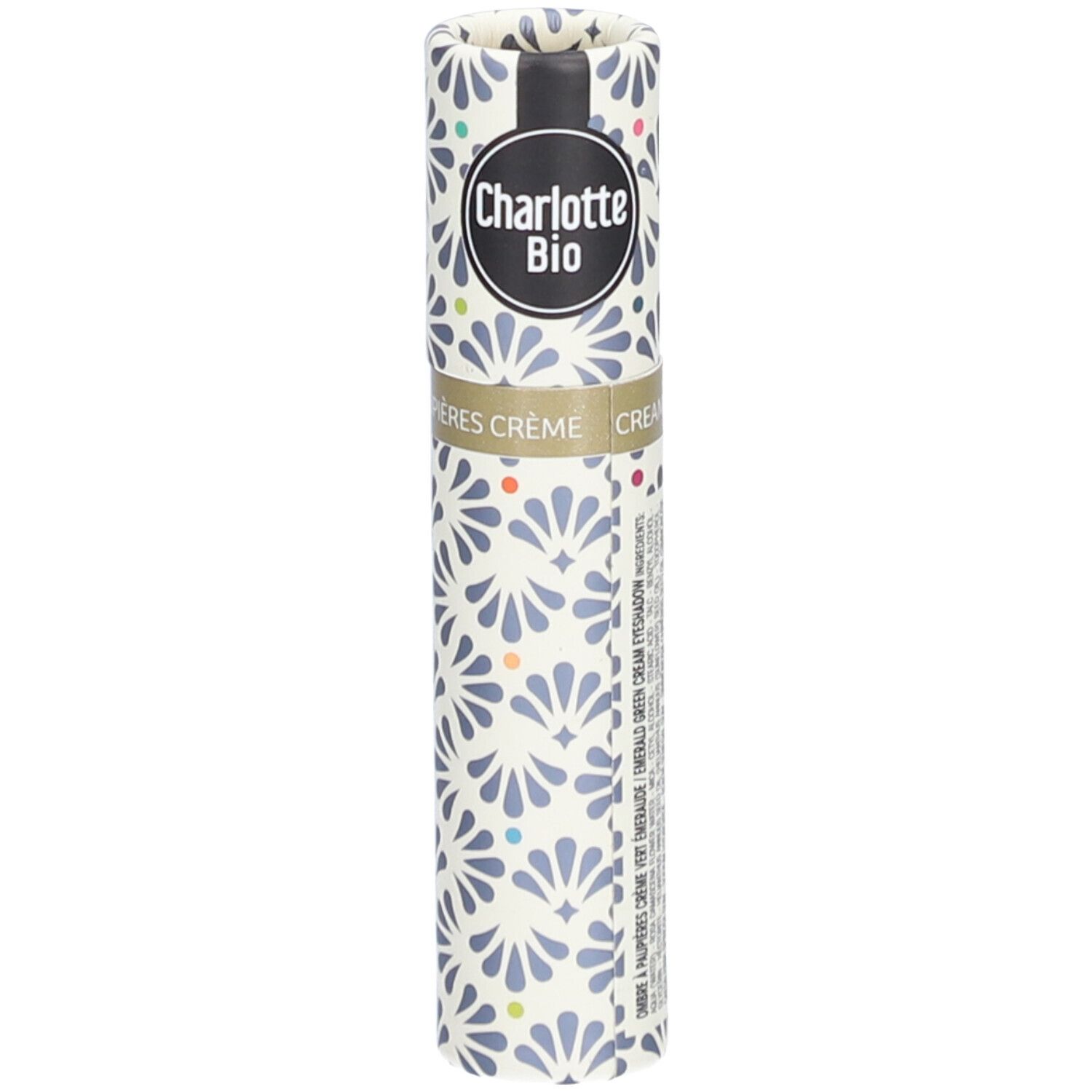 Zylindrische Verpackung mit floralem Muster. Oben: Charlotte Bio Logo. Text: Flüssiger Lidschatten BIO Smaragdgrün.