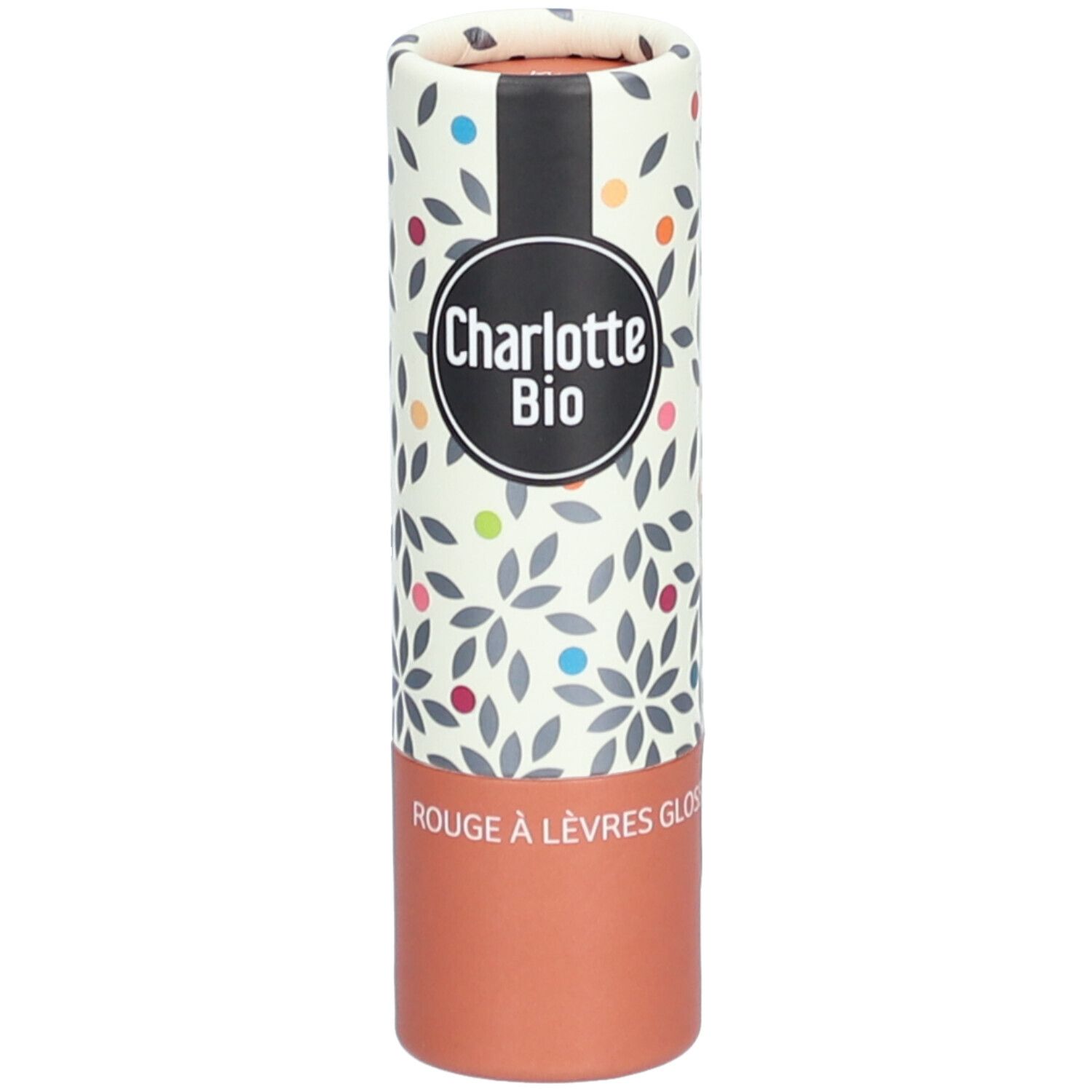 Lippenstift-Verpackung. Charlotte Bio, Rouge à lèvres Glossy. Zylindrische Form, floral bedruckt, brauner Farbton.