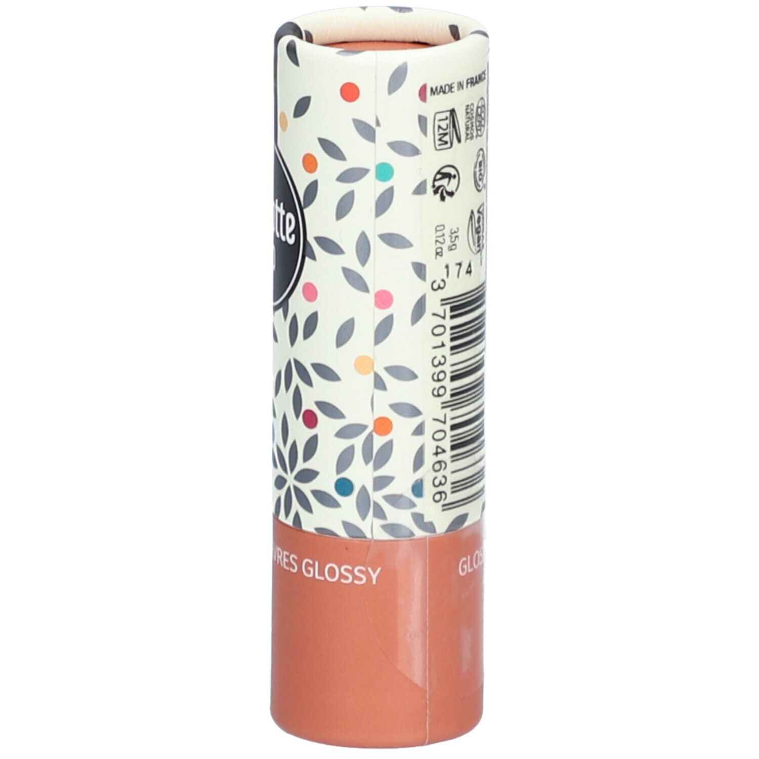 Lippenstift-Verpackung. Charlotte Bio, Rouge à lèvres Glossy. Zylindrisch, floral bedruckt, brauner Farbton. Text.