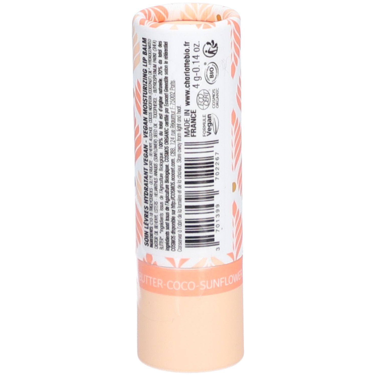 Emballage de baume à lèvres. Dos avec texte et code-barres. Inscription: Soin lèvres hydratant vegan, Vegan moisturizing lip balm. Fabriqué en France. Label BIO.